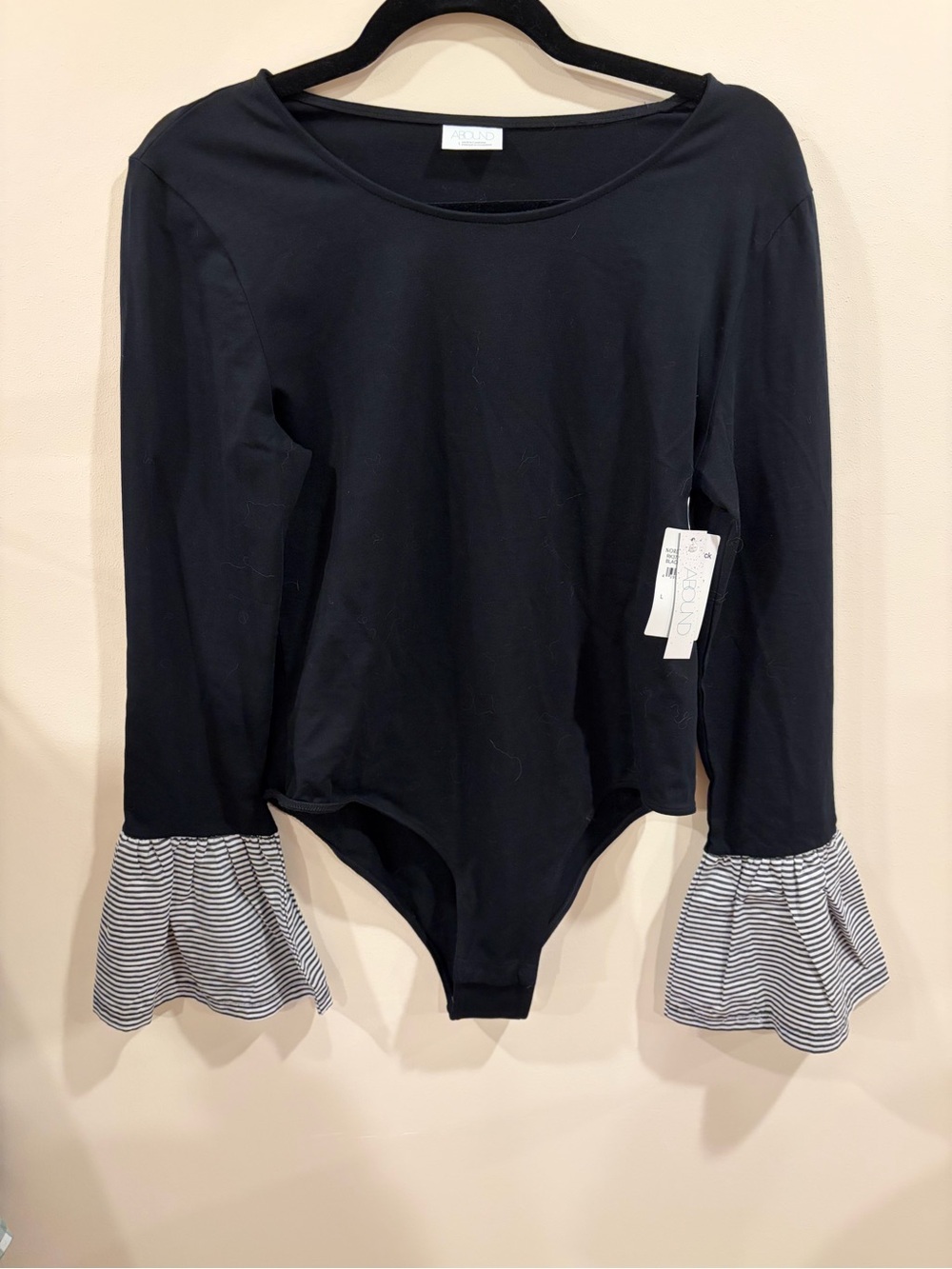 NWT Abound Black Long-Sleeve Bodysuit with Striped Ruffle Cuffs size L
